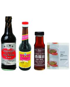 Lot de 4 ingrédients de base de la cuisine asiatique/chinoise : sauce soja, vinaigre noir, huile de sésame et un mélange de 5 épices
