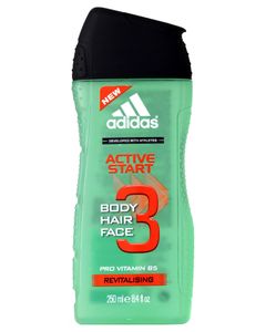 Adidas Active Start 3 en 1 Shower Gel Shampoo Face Wash Pro Vitamin B5 250ml (lot de 6)