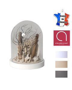 Cloche / Globe décoratif 'bord de mer' - Bois, galets, coquillages - Fabriquée à la main en France - Blanc - 16