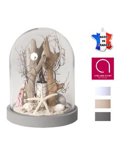 Cloche / Globe décoratif 'bord de mer' - Bois, galets, coquillages - Fabriquée à la main en France - Cendre - 16