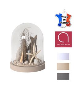 Cloche / Globe décoratif 'bord de mer' - Bois, galets, coquillages - Fabriquée à la main en France - Cendre brune - 16